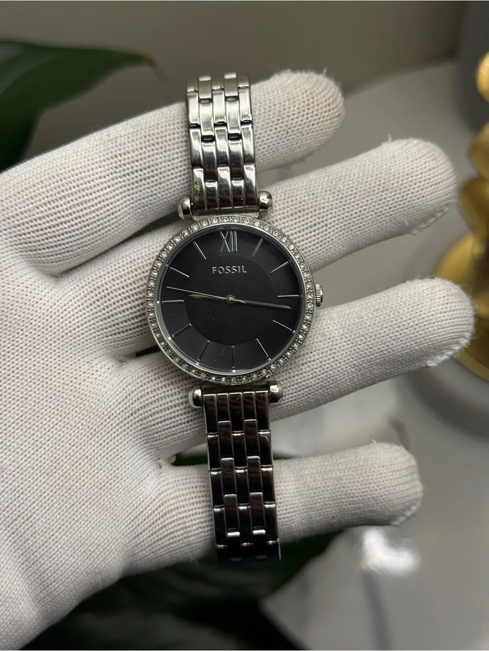 Fossil Women's Silver Stainless Steel Watch with Black Dial